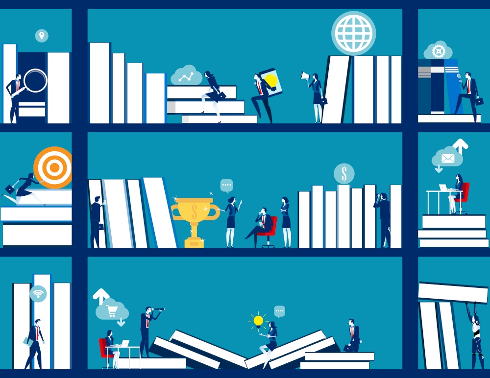 Business people and bookshelves. Concept business education vector illustration, Cooperation, Office, Lifestyle.