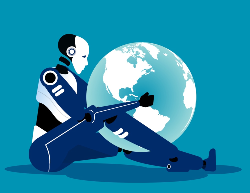Robot and world. Concept business vector illustration, Technology, Artificial intelligence.