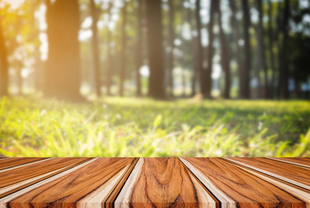 Selected focus empty wooden table and view of green forest blur background with bokeh image. for your photomontage or product display.