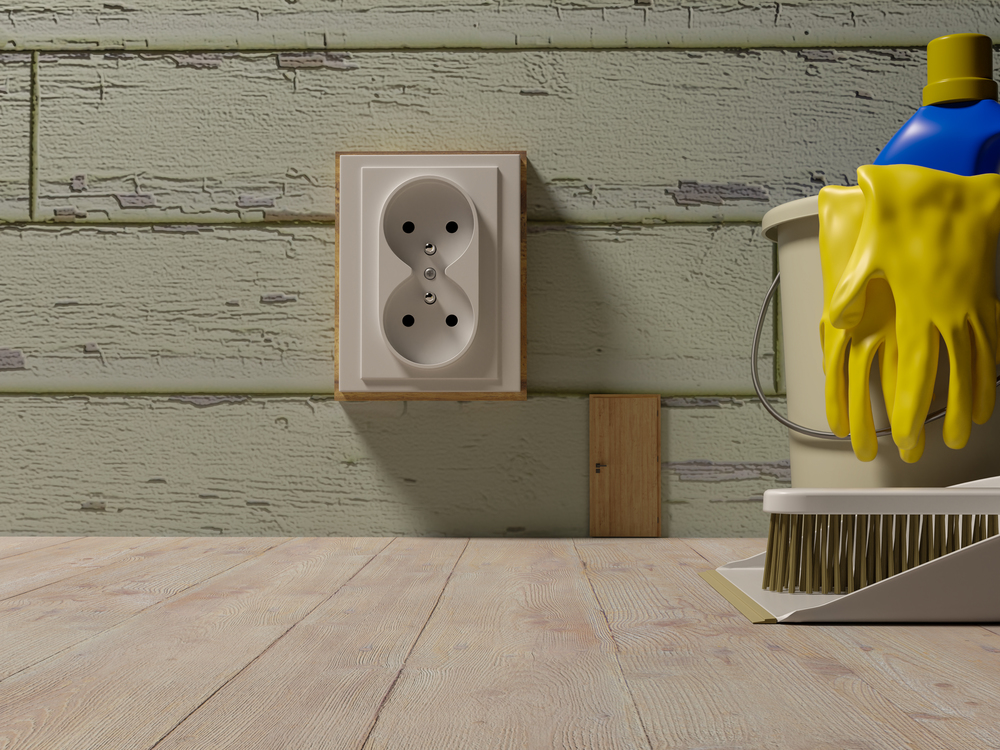 3D rendering. Miniature door with Power plug on the wall in living room,  create idea of art and home interior decoration design concept.