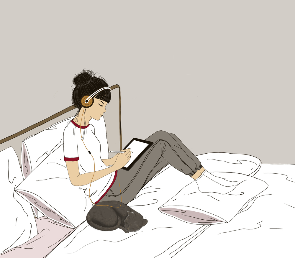Illustration young girl sitting in bed with cat, Digital paint Hipster style girl character with long hair wearing pajama, drawing on tablet and listening to music.