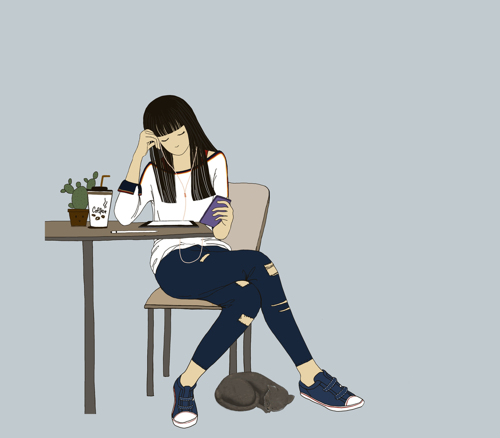 Illustration young girl drinking coffee and listening to music from mobile phone, Digital paint Hipster style girl character and cat on blue background with copy space, working woman drinking hot drink in cafe