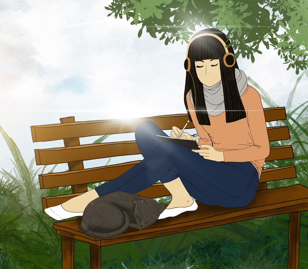 Illustration teenager sitting on the bench with sleeping cat  and listening to music from head phone, Digital paint a girl relaxing in the park in sunny day summer, working woman darwing on tablet