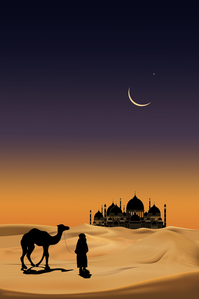 Arab people with camels caravan riding in realistic desert sands. Caravan Muslim ride camel to mosque. Ramadan Kareem concept. Vertical desert  with sand dunes and crescent moon at dark night