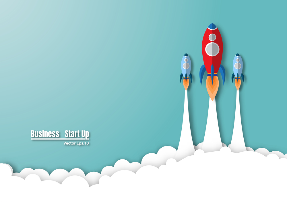Rocket flying on the sky. rocket launch to success. symbol project start-up business. empty space for text. vector illustration design