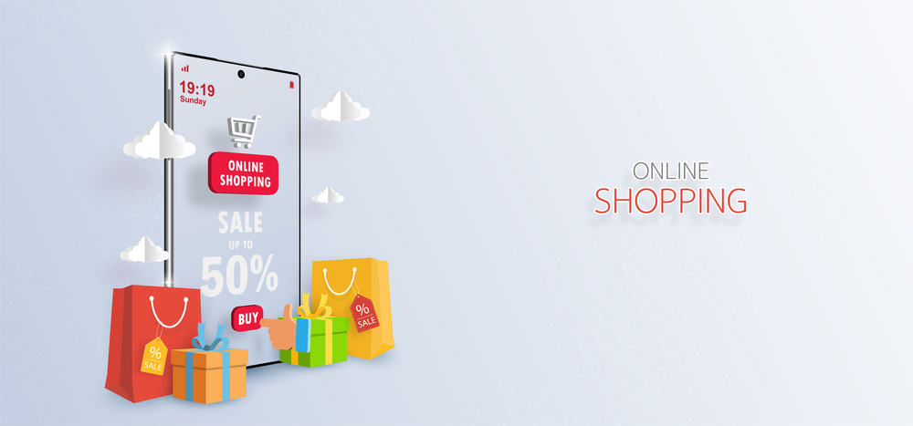 Digital marketing concept Online Shopping on mobile application, Banner background with copy space