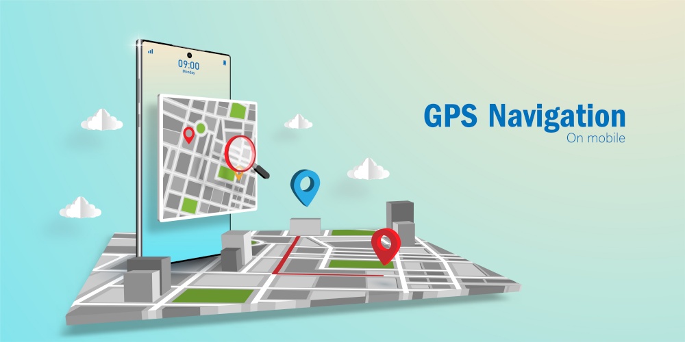 GPS Navigator Application Concept, search a direction via appplication on smartphone, Web banner background with copy space