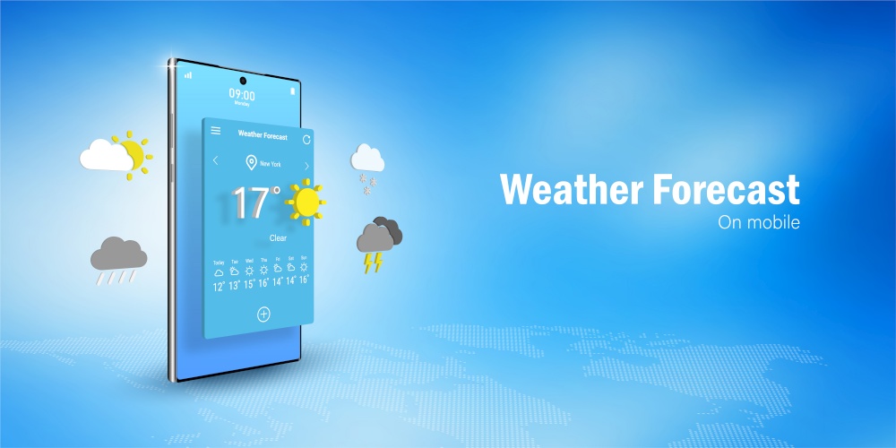 Weather Forecast Concept, Smartphone displays  weather forecast application widget, icons, symbols, Web banner with copy space