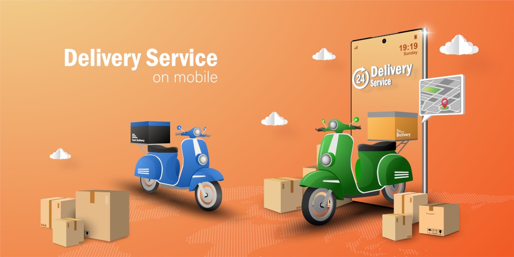 E-commerce concept, Delivery service on mobile application, Transportation or food delivery by scooter