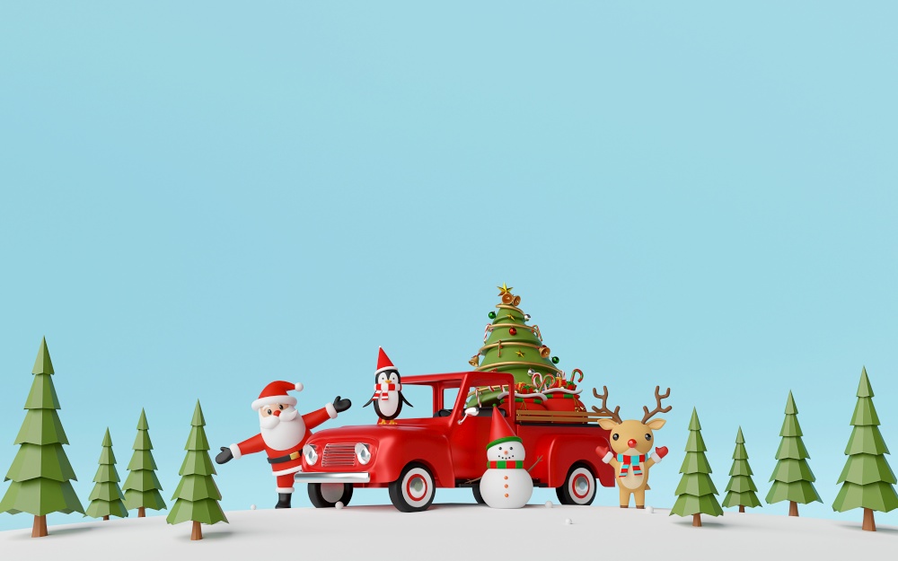 Merry Christmas and Happy New Year, Christmas truck with Santa Claus and friends in pine forest, 3d rendering