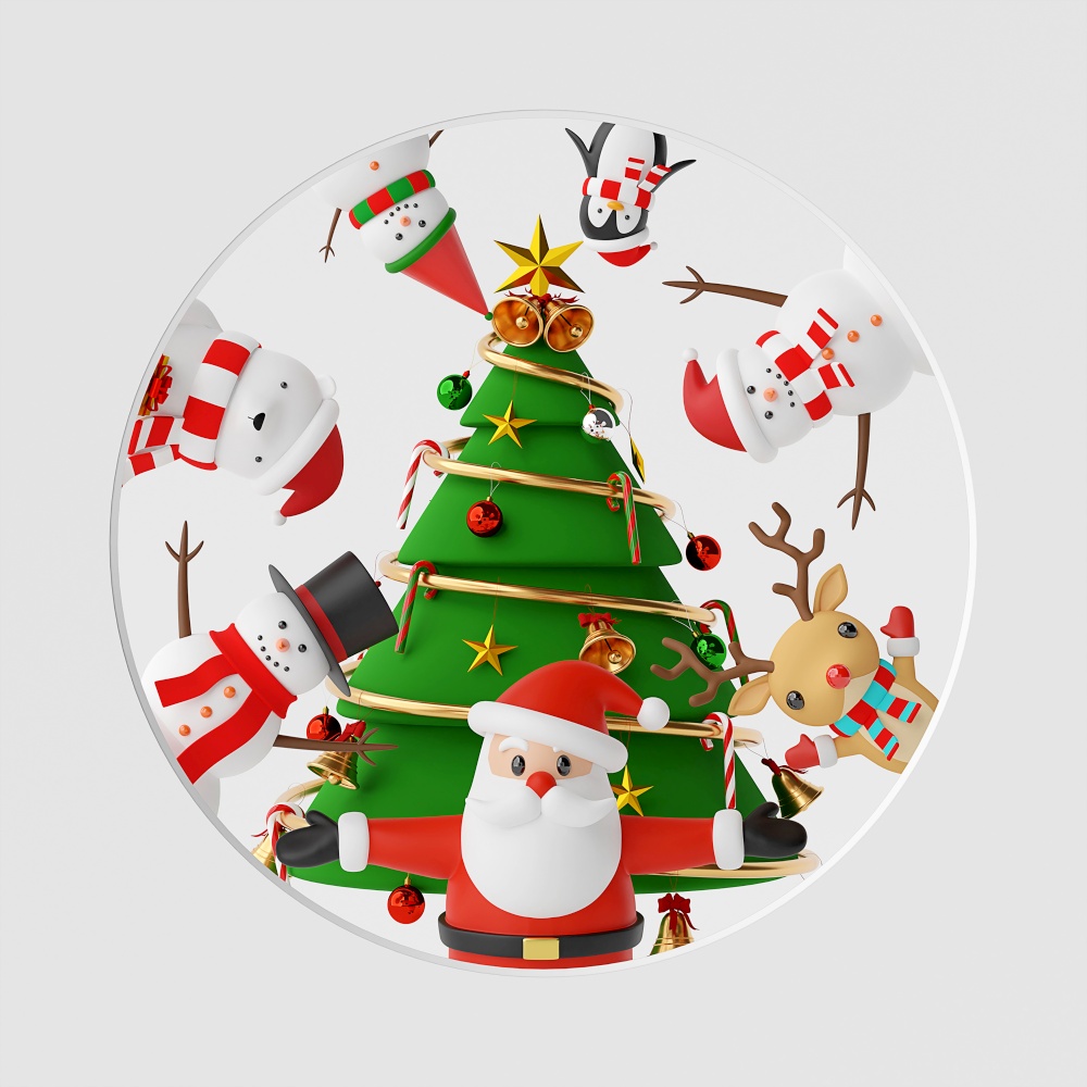 Merry Christmas and Happy New Year, Banner background of Christmas tree with cute Christmas character on white background, 3d rendering