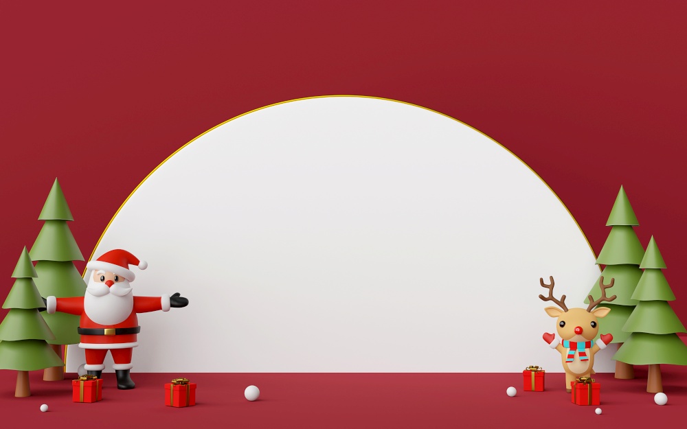 Merry Christmas and Happy New Year, Santa Claus and reindeer with copy space , 3d rendering