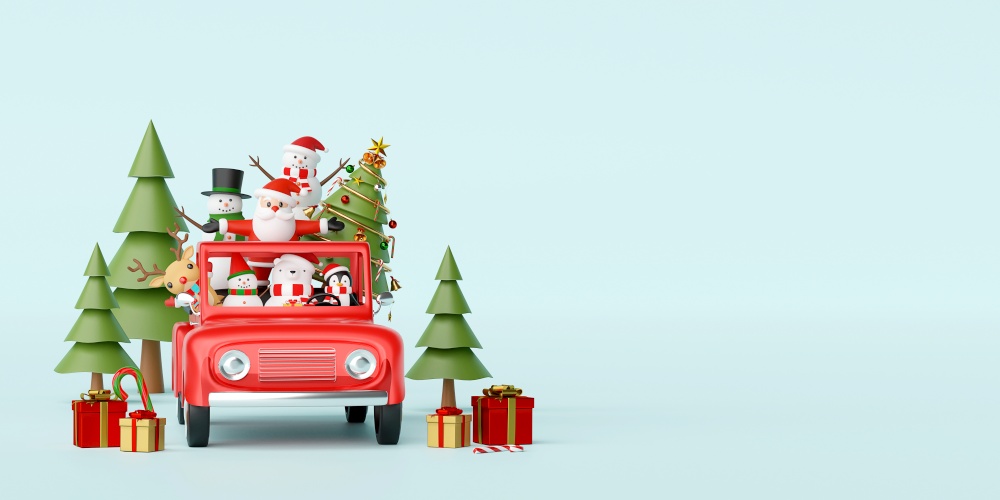 Merry Christmas and Happy New Year, Santa Claus and friend in a red car with Christmas decoration, 3d rendering