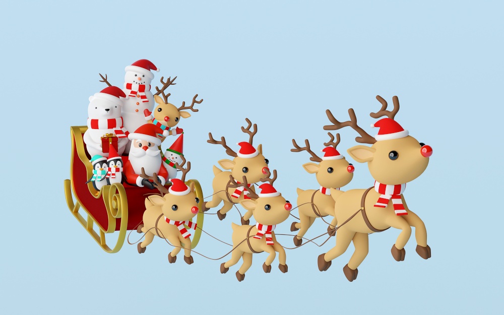 Merry Christmas and Happy New Year, Santa Claus and friend in a sleigh pulled by reindeer, 3d rendering