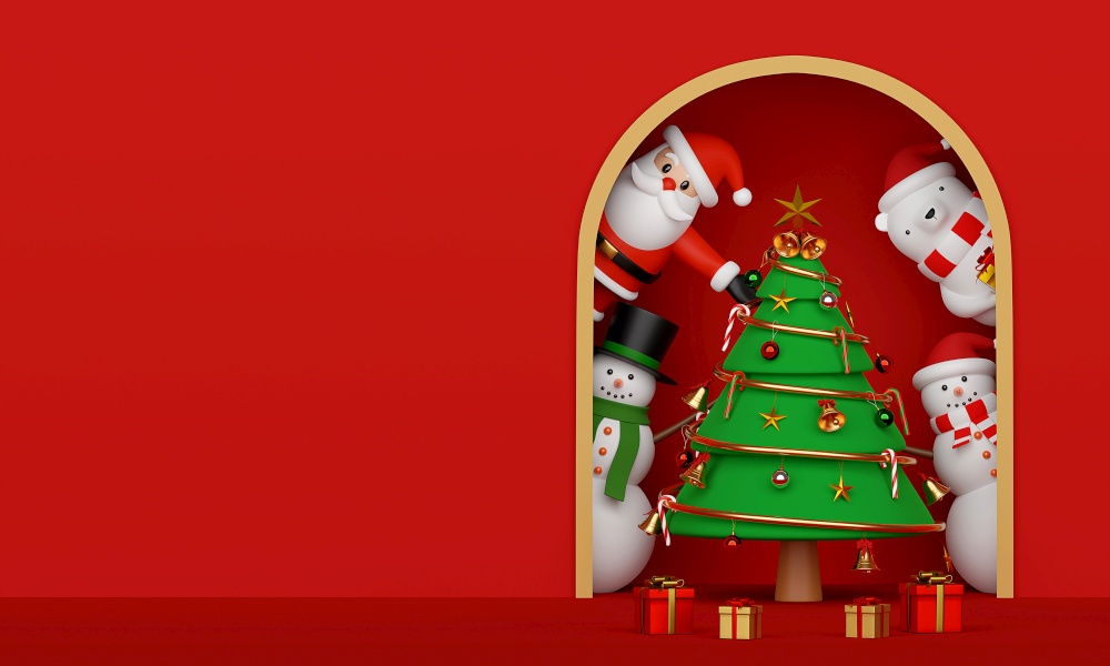 Merry Christmas and Happy New Year, Christmas tree with Santa Claus and friend, 3d rendering