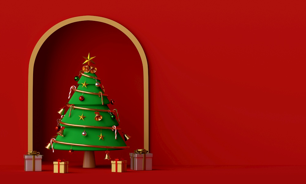 Merry Christmas and Happy New Year, Scene of Christmas tree and gift with copy space, 3d rendering