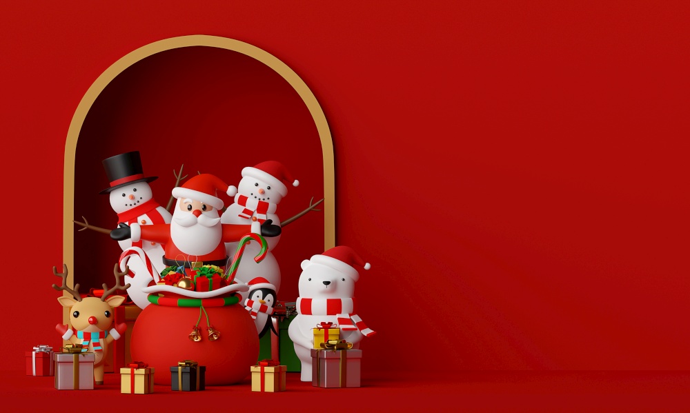 Merry Christmas and Happy New Year, Scene of Santa Claus and friends with copy space, 3d rendering