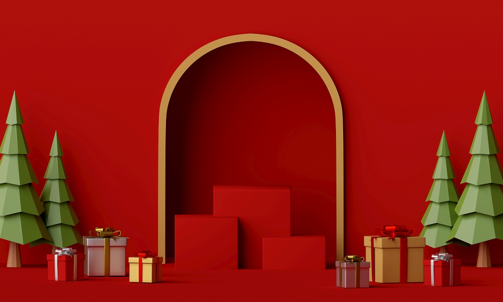 Merry Christmas and Happy New Year, Scene of red podium with Christmas gift, 3d rendering