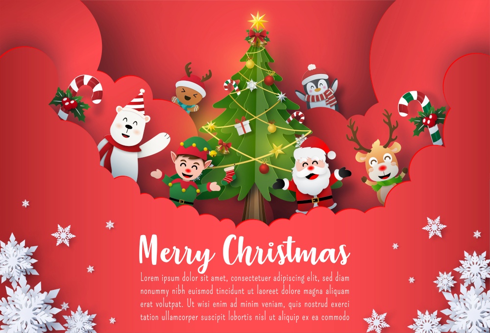 Origami Paper art of Christmas postcard banner of Santa Claus and cute cartoon character, Merry Christmas and Happy New year