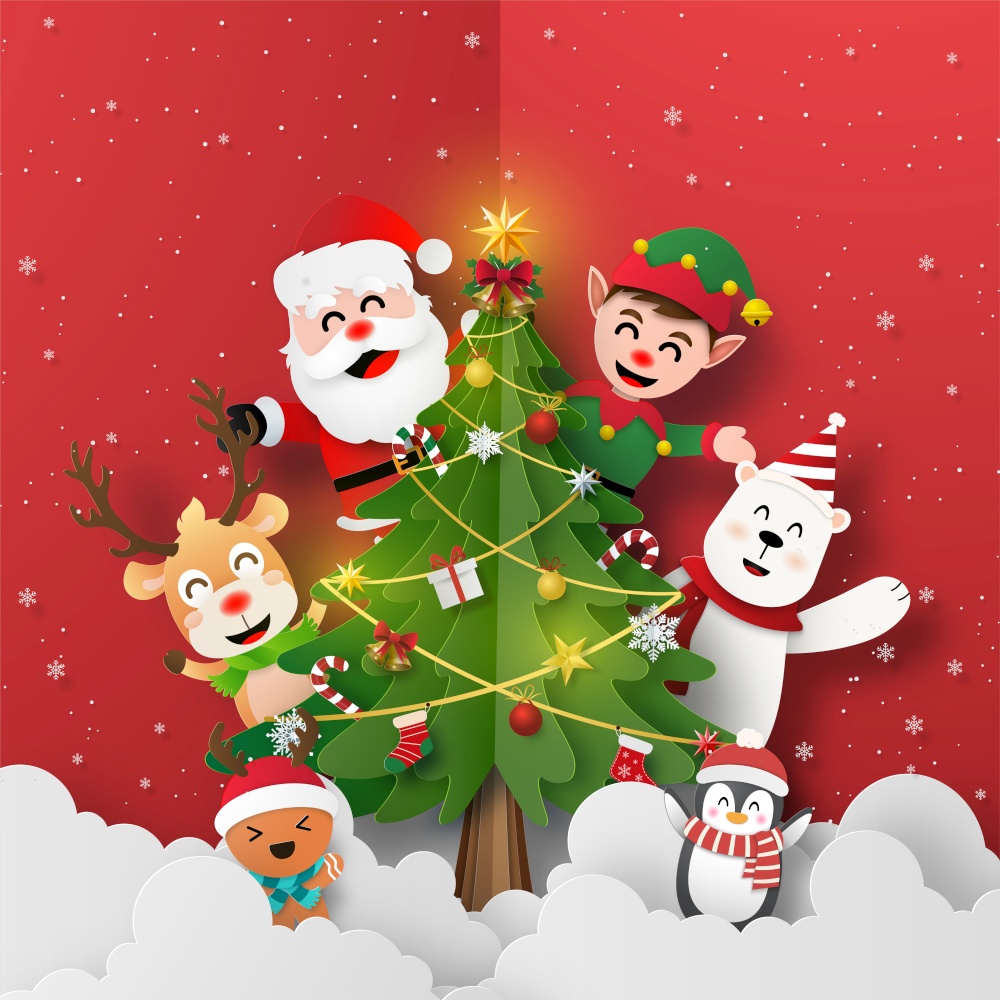 Origami Paper art of Santa Claus and friends with Christmas tree, Merry Christmas and Happy New Year