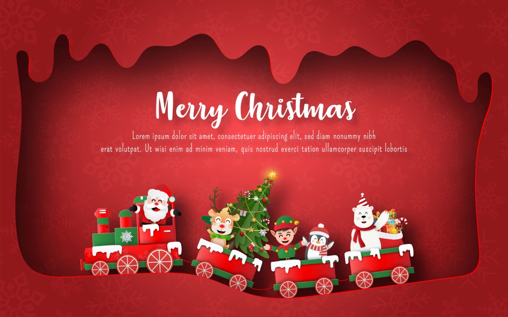 Origami Paper art of Santa Claus and friends on Christmas train, Postcard banner background
