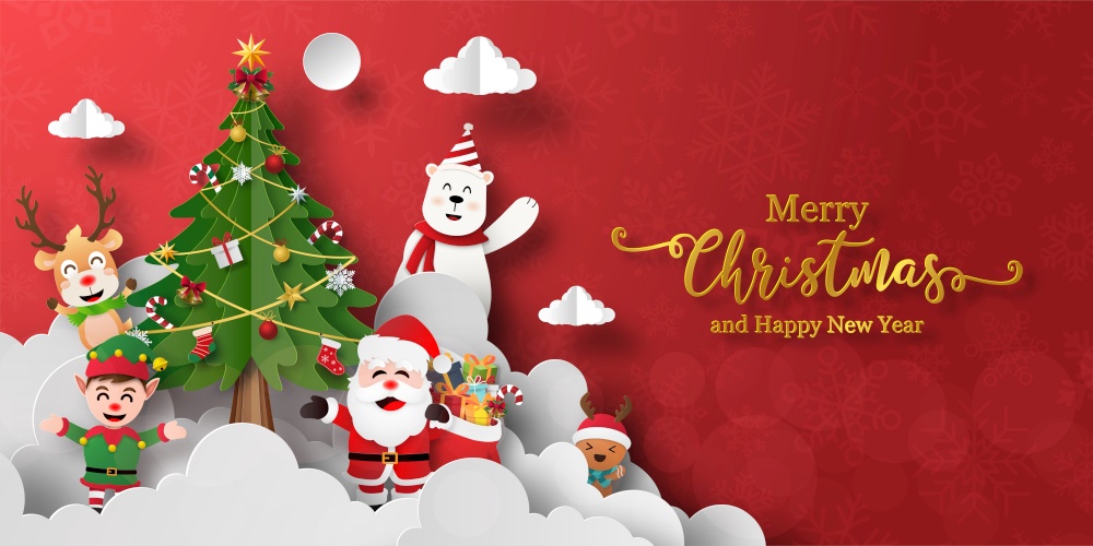Merry Christmas and Happy New Year, Christmas banner postcard of Santa Claus and friends with christmas tree