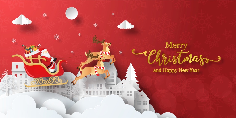 Merry Christmas and Happy New Year, Christmas banner postcard of Santa Claus on a sleigh in the village