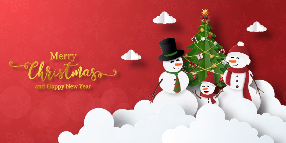Merry Christmas and Happy New Year, Christmas banner postcard of Snowman with Christmas tree