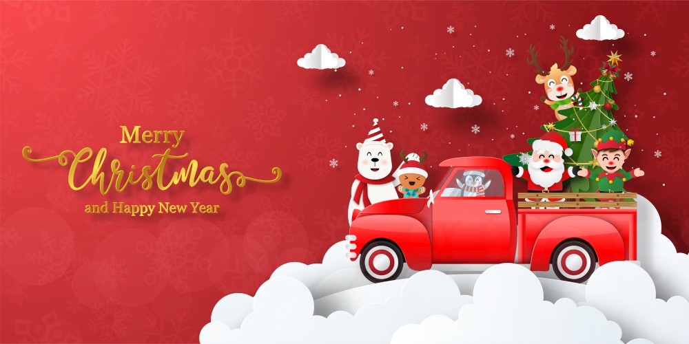 Merry Christmas and Happy New Year, Christmas banner postcard of Santa Claus and friends with red car