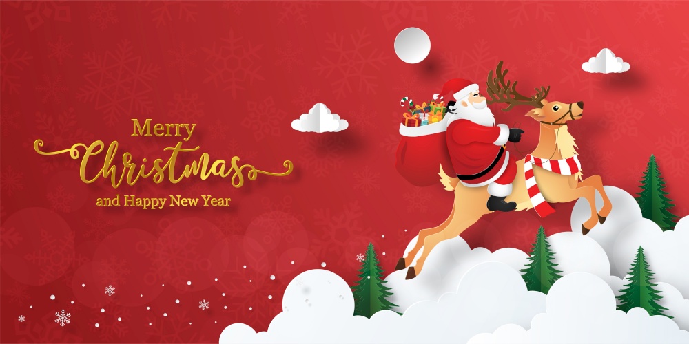 Merry Christmas and Happy New Year, Christmas banner postcard of Santa Claus and reindeer on the sky