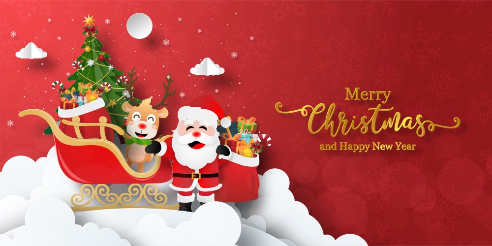 Merry Christmas and Happy New Year, Christmas banner postcard of Santa Claus and reindeer with sleigh full of gifts