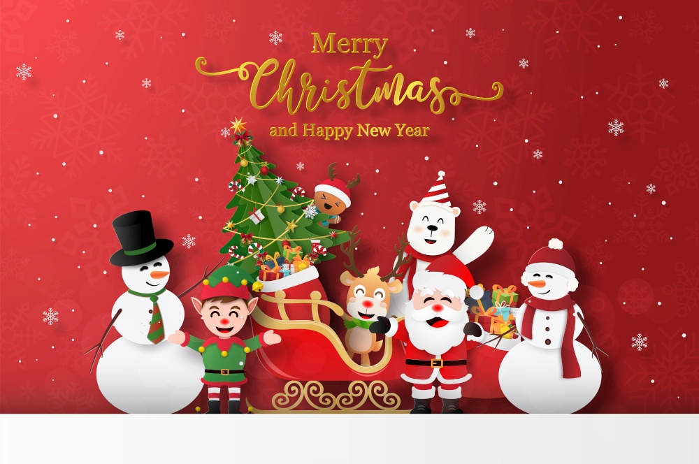 Merry Christmas and Happy New Year, Christmas banner postcard of Santa Claus and friends with sleigh full of gift