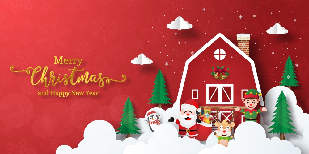 Merry Christmas and Happy New Year, Christmas banner postcard of Santa Claus and friends with red house