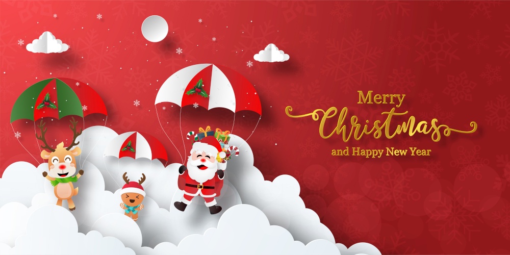 Merry Christmas and Happy New Year, Christmas banner postcard of Santa Claus and friends make a parachute jump