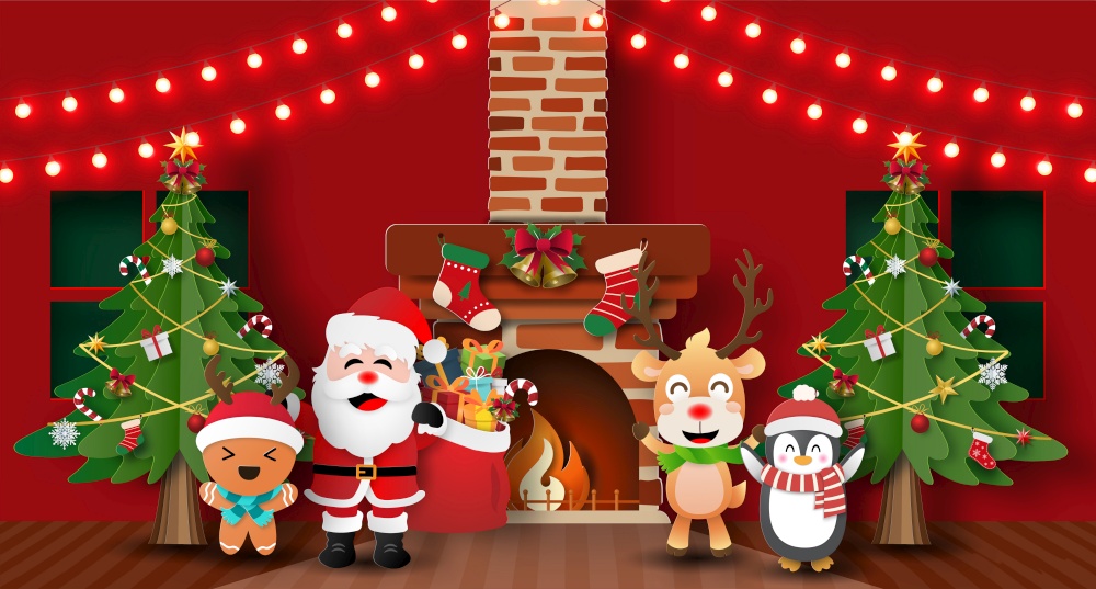 Paper art, Craft style of Christmas party with Santa Claus and friends in home, Merry Christmas and Happy New Year