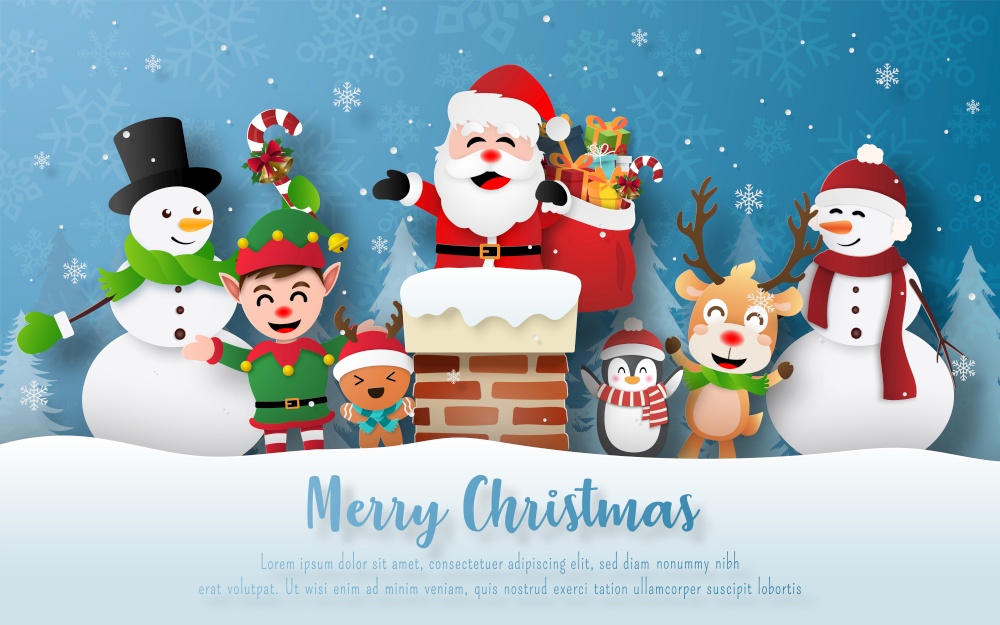 Merry Christmas and Happy New Year, Christmas party with Santa Claus and friends on a chimney