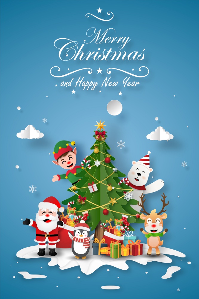 Paper art of Christmas party with Santa Claus and friends with Christmas tree, Merry Christmas and Happy New Year