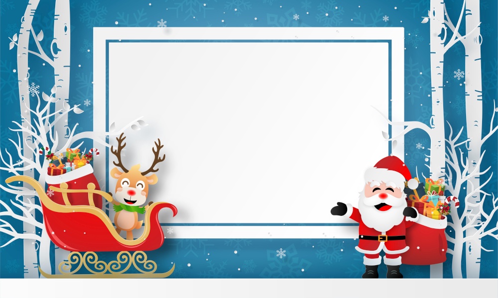 Merry Christmas and Happy New Year, Paper art of Santa Claus and reindeer with copy space