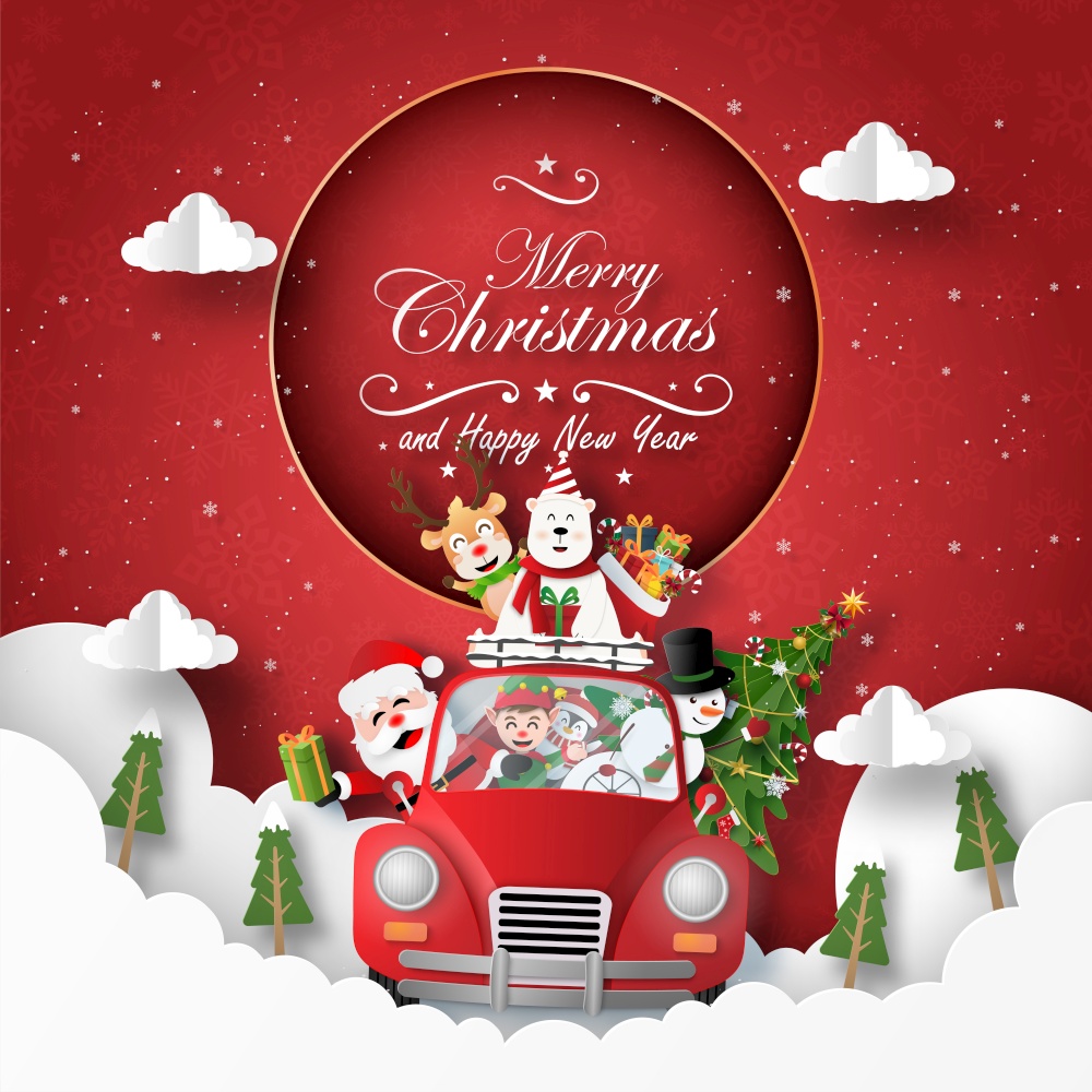 Origami Paper art of Postcard Santa Claus and friends in red car on the sky