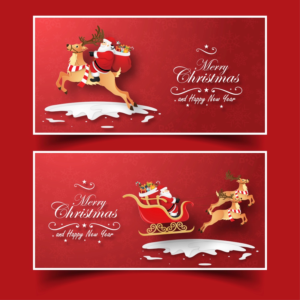 Origami Paper art of Postcard Santa Claus with reindeer, Merry Christmas and Happy New Year