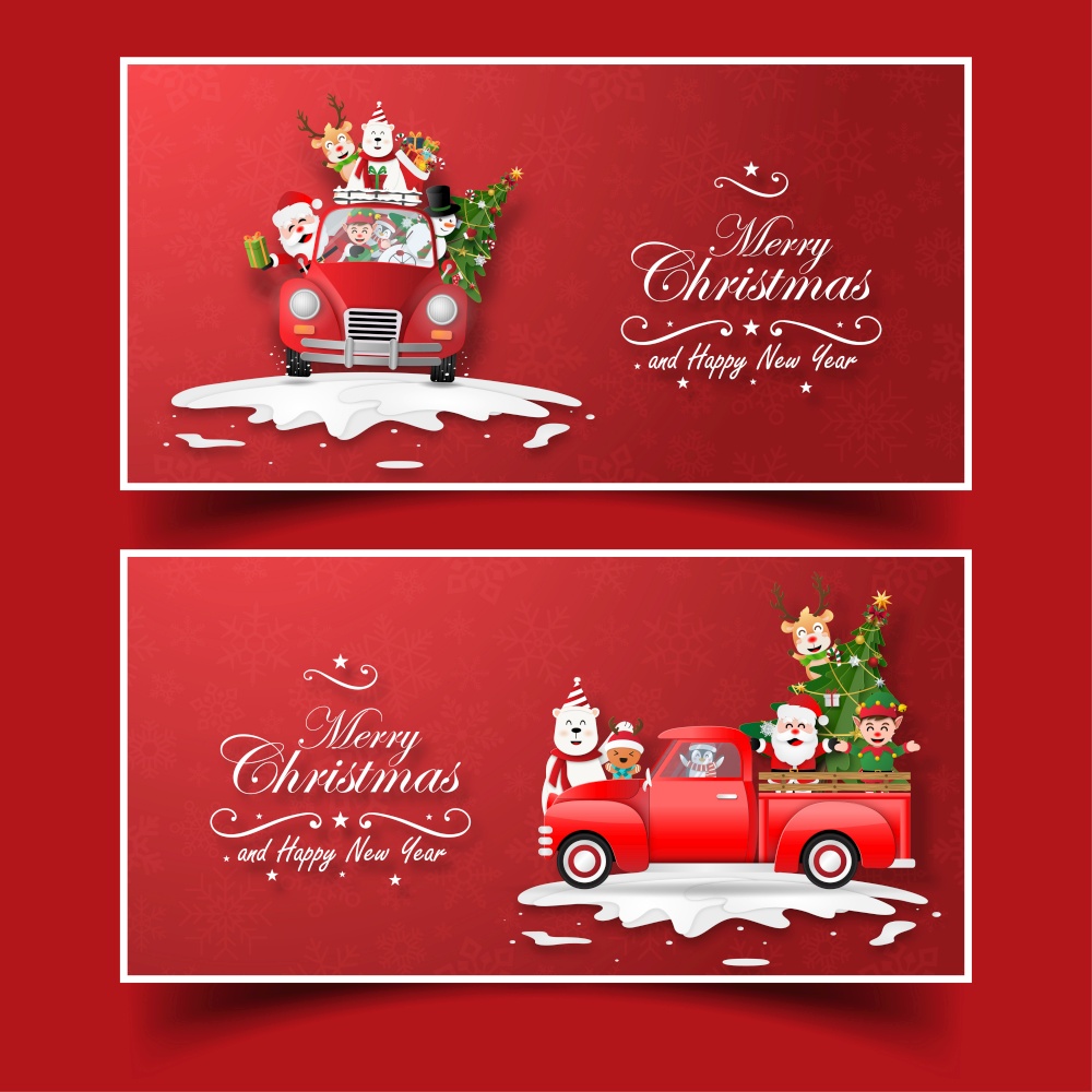Origami Paper art of Postcard Santa Claus and friend on a red car, Merry Christmas and Happy New Year