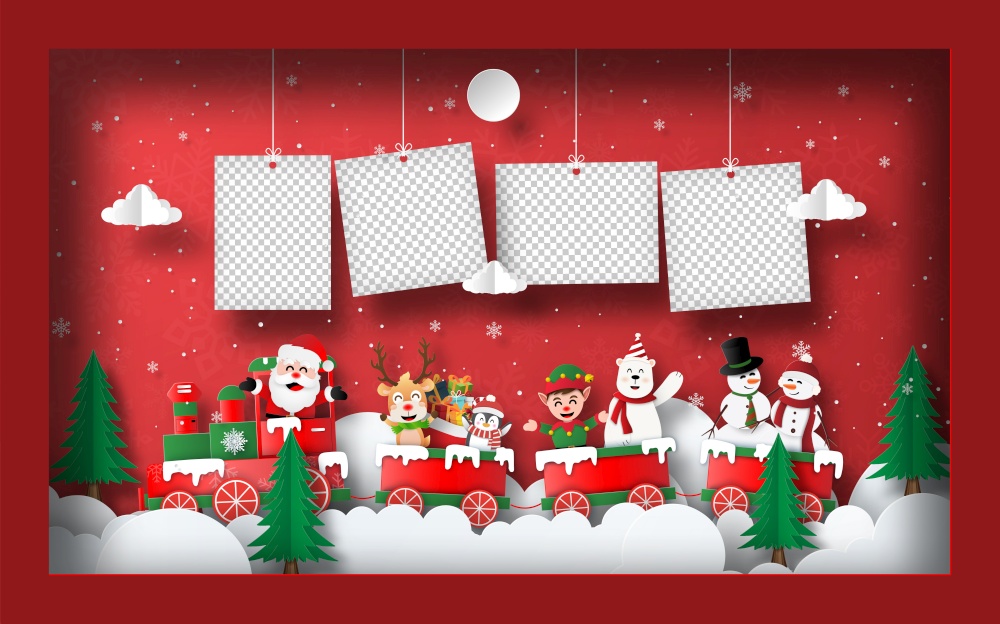 Origami Paper art of blank photo with Santa Claus and friends on a Christmas train in frame, Postcard banner background