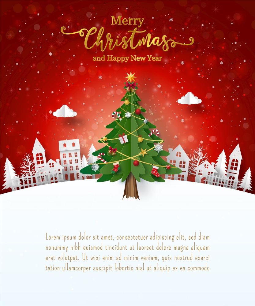Merry Christmas and Happy New Year, Christmas postcard of Christmas tree in the village, Paper art style