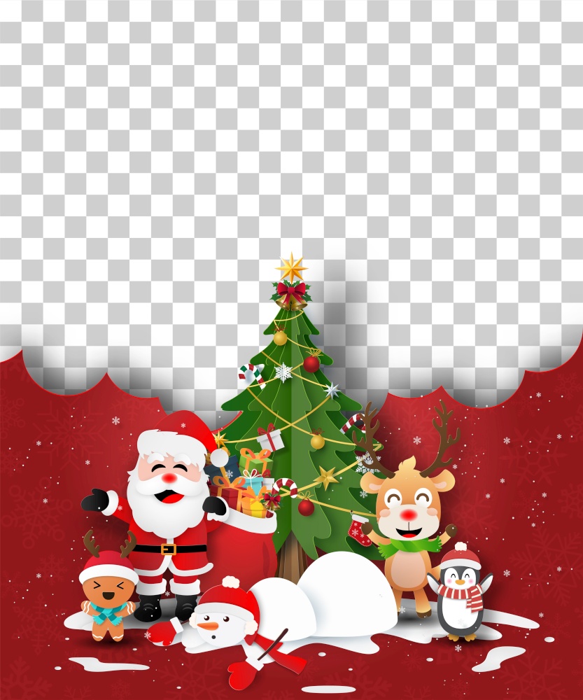 Merry Christmas and Happy New Year, Christmas postcard of Christmas tree with Santa Claus and friends, Blank space for your text or photo