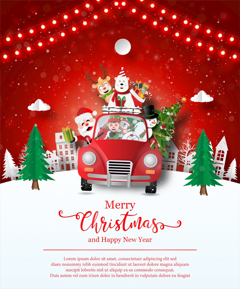 Merry Christmas and Happy New Year, Christmas postcard of Santa Claus and friend in a red car in the village, Paper art style