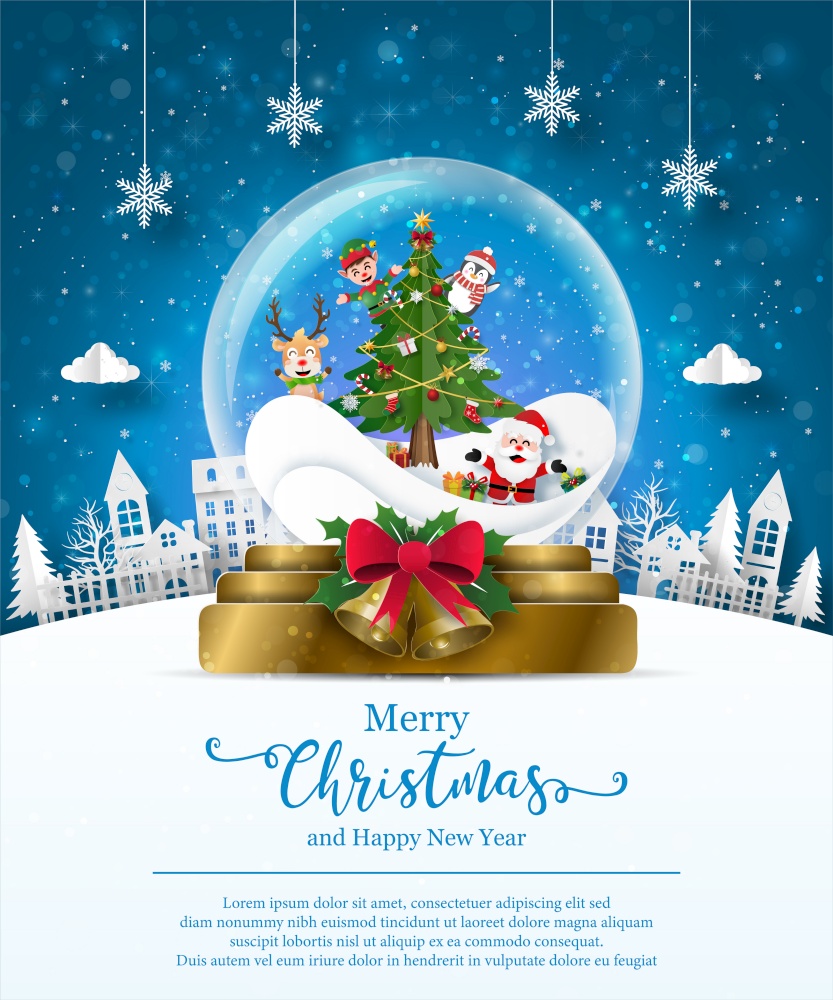 Merry Christmas and Happy New Year, Christmas postcard of Santa Claus and friends in a Christmas ball, Paper art style