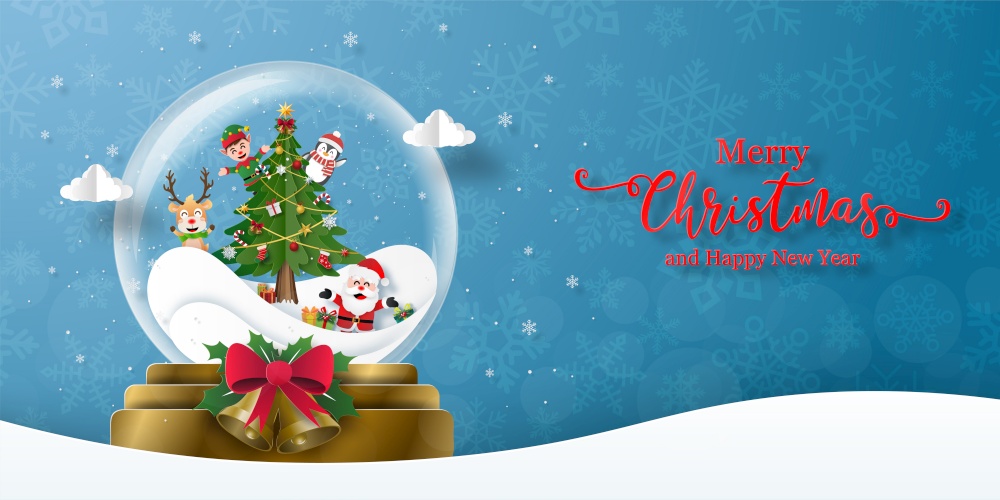 Merry Christmas and Happy New Year, Christmas party with Santa Claus in a Christmas ball, Banner background