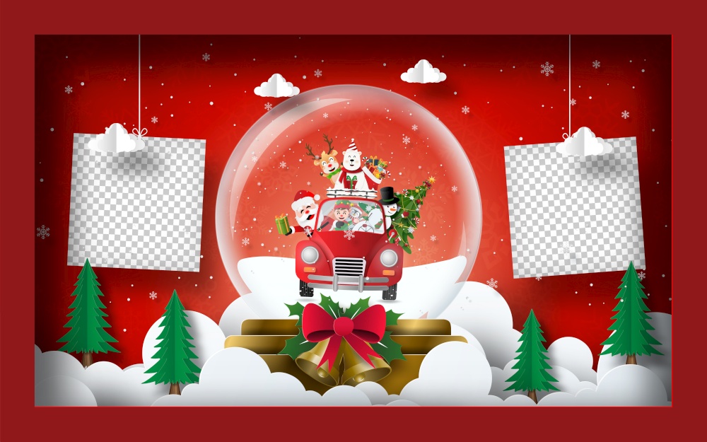 Christmas postcard banner background, Blank photo with Santa Claus and friends in a Christmas ball in frame