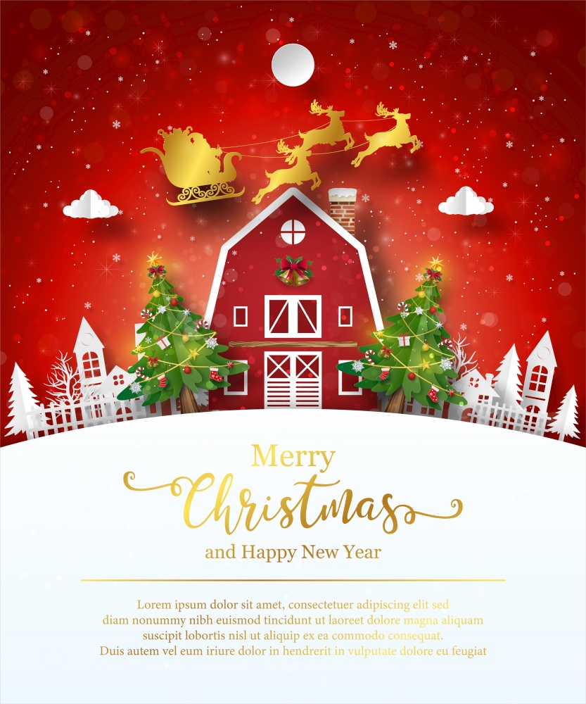 Merry Christmas and Happy New Year, Christmas postcard of Santa Claus in the village, Paper art style