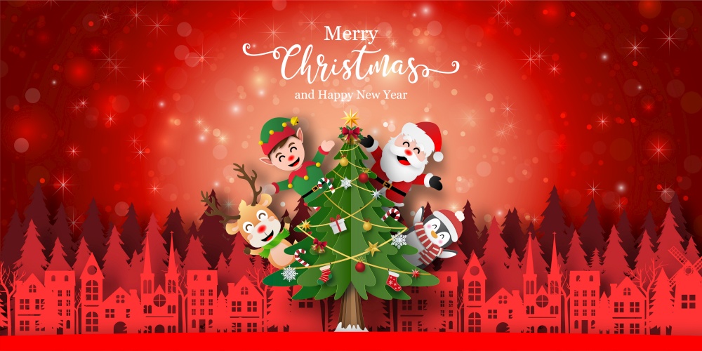 Merry Christmas and Happy New Year, Background banner of Santa Claus and friend in town